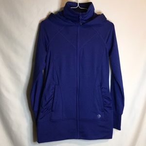 MPG Dark blue-purple, zip up, hooded, long length workout top. Womens Sz Small.
